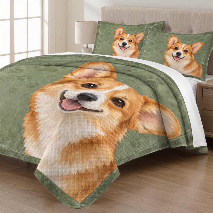 Watercolor Corgi Portrait quilt set with two matching pillow shams on a made bed