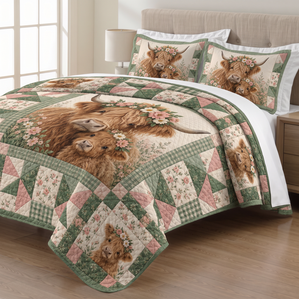Floral Patchwork Highland Cow quilt set with two matching pillow shams on a made bed