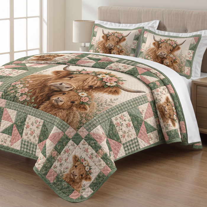 Floral Patchwork Highland Cow quilt set with two matching pillow shams on a made bed