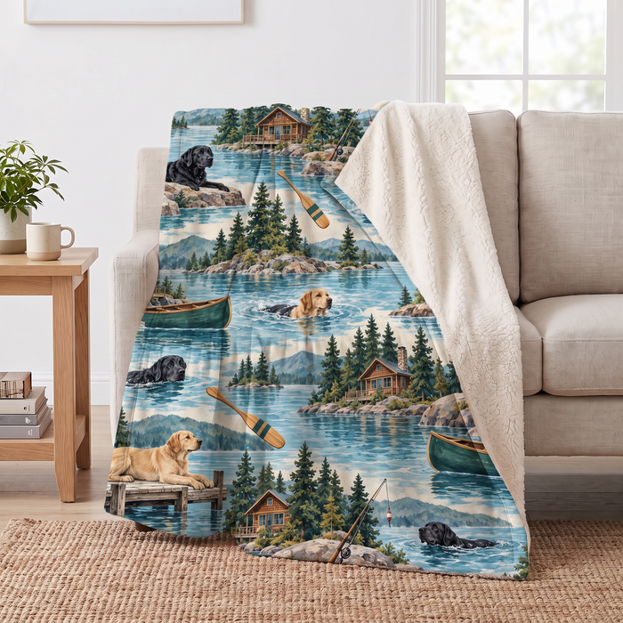 Lake House Labradors sherpa blanket draped over a sofa, corner folded back to show the cream sherpa reverse