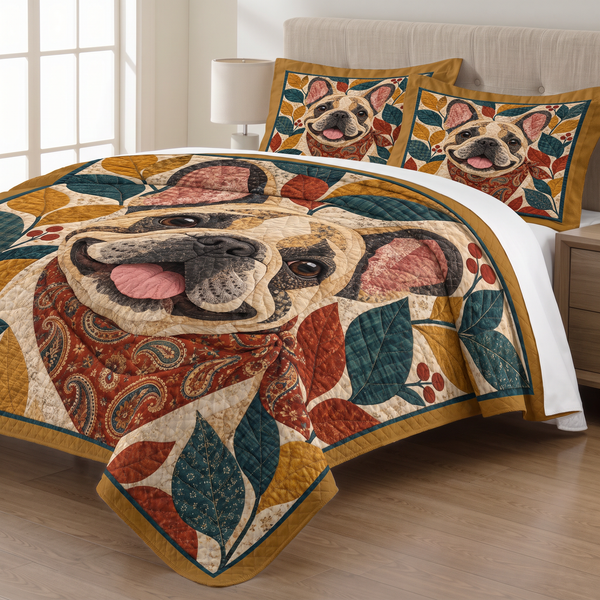 Folk Patchwork French Bulldog quilt set with two matching pillow shams on a made bed