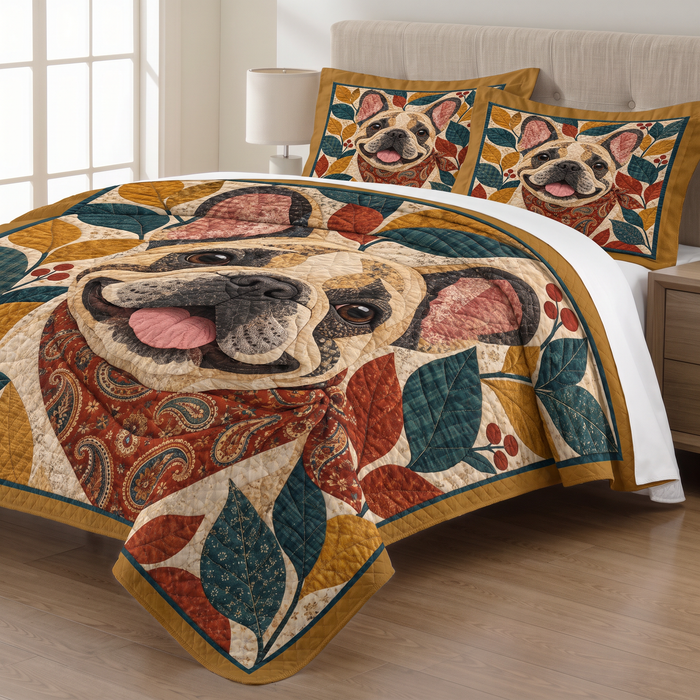 Folk Patchwork French Bulldog quilt set with two matching pillow shams on a made bed