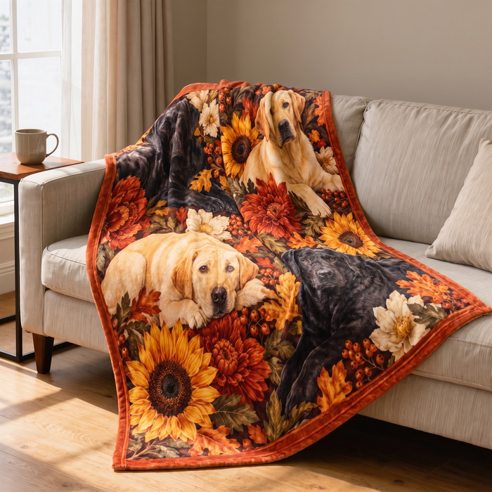 Autumn Floral Labradors fleece throw blanket draped over a sofa