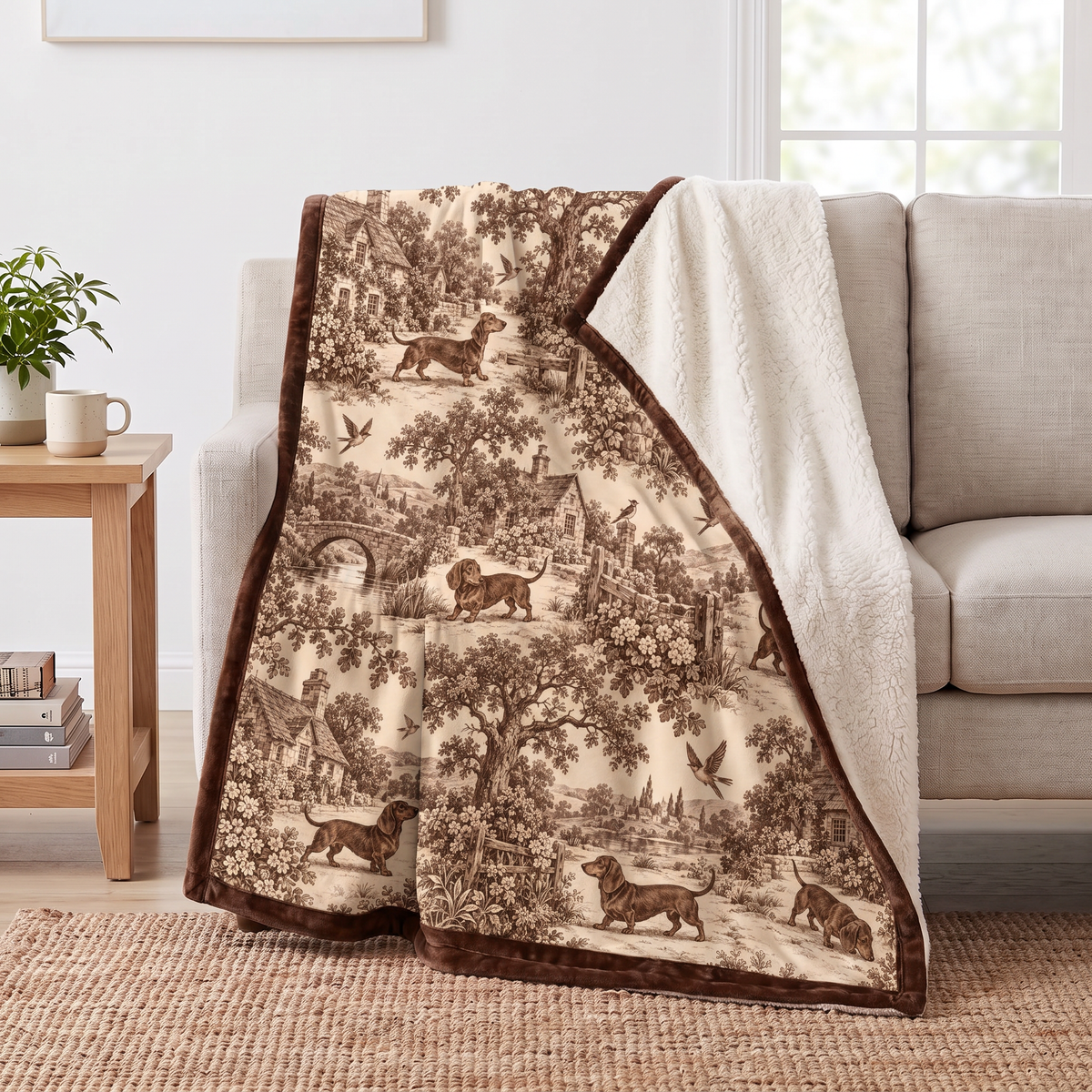 Dachshund Toile de Jouy sherpa blanket draped over a sofa, corner folded back to show the cream sherpa reverse