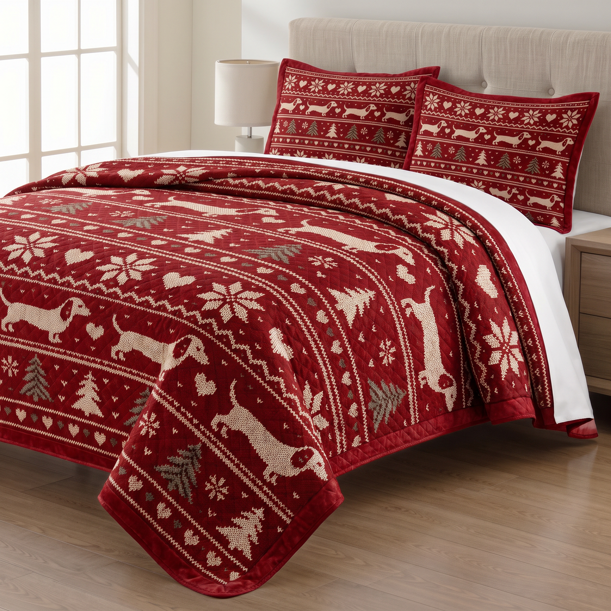 Fair Isle Dachshund Christmas quilt set with two matching pillow shams on a made bed