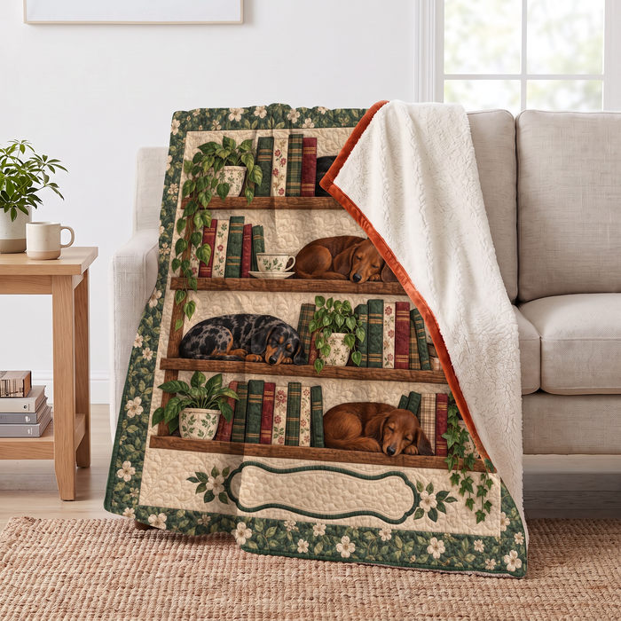 Bookshelf Dachshund sherpa blanket draped over a sofa, corner folded back to show the cream sherpa reverse
