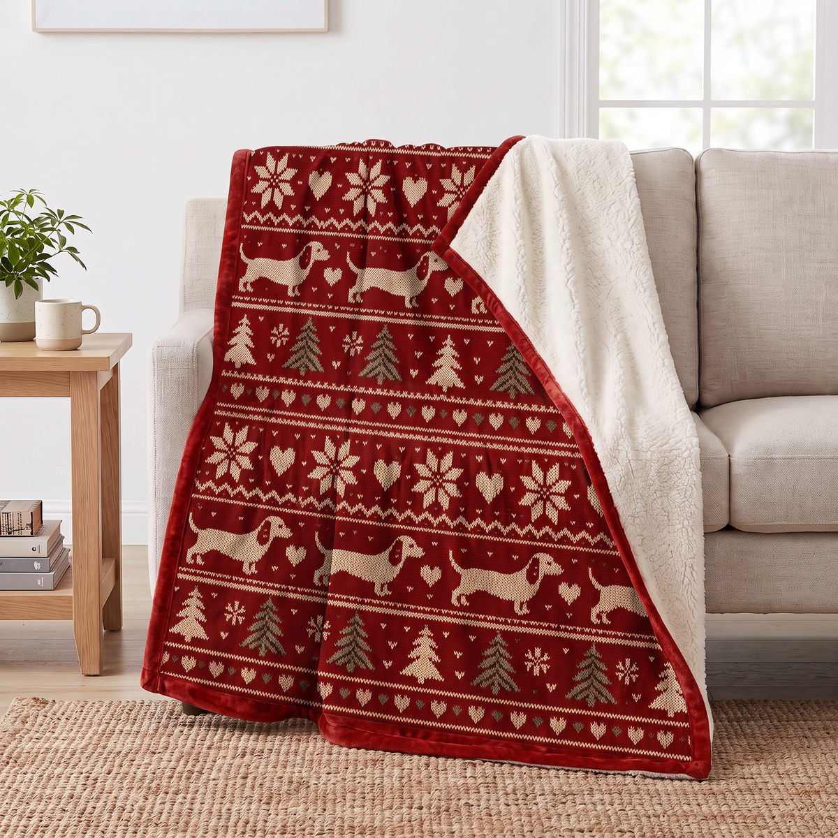 Fair Isle Dachshund Christmas sherpa blanket draped over a sofa, corner folded back to show the cream sherpa reverse