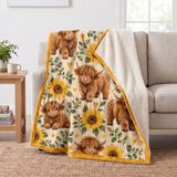Sunflower Highland Cow Sherpa Blanket