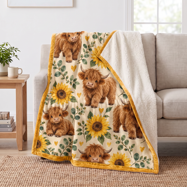 Sunflower Highland Cow sherpa blanket draped over a sofa, corner folded back to show the cream sherpa reverse