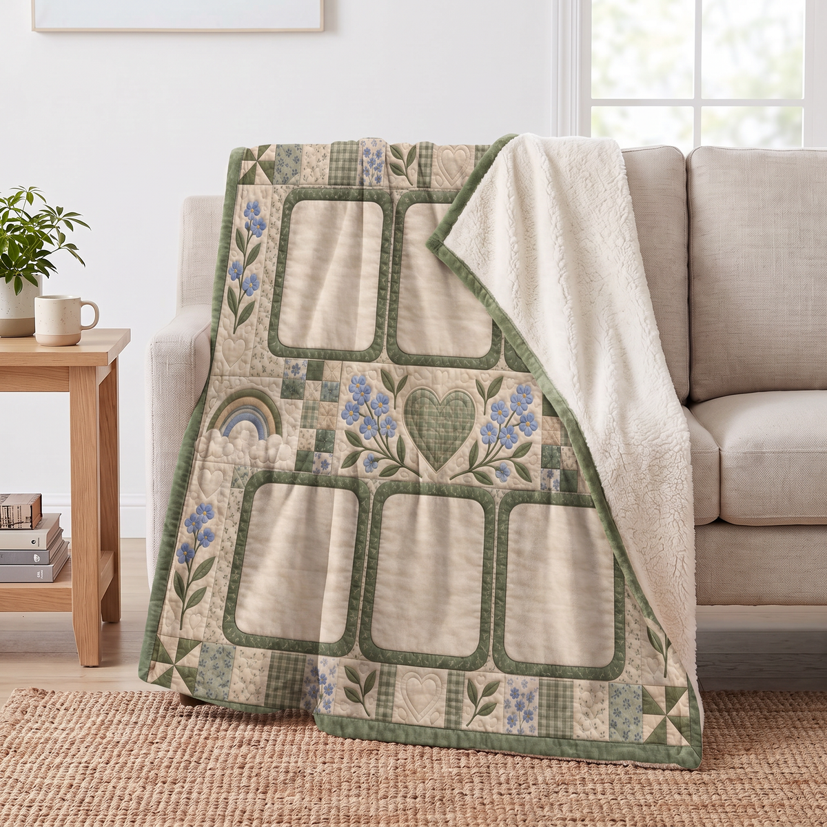 Forget-Me-Not Dog Memorial sherpa blanket draped over a sofa, corner folded back to show the cream sherpa reverse