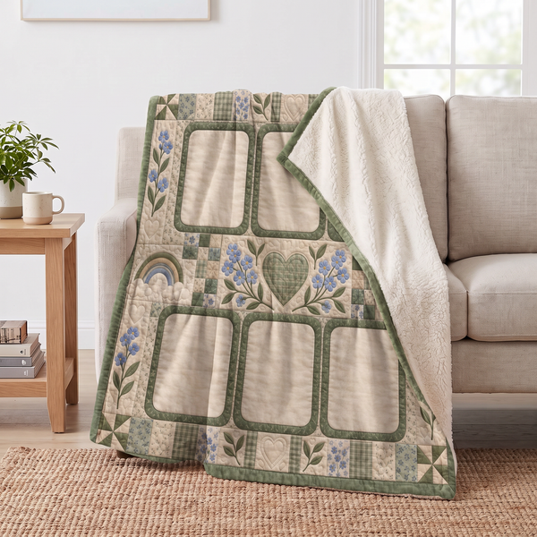 Forget-Me-Not Dog Memorial sherpa blanket draped over a sofa, corner folded back to show the cream sherpa reverse