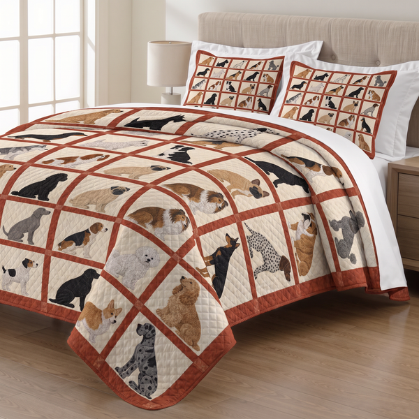 Sitting Dogs Patchwork quilt set with two matching pillow shams on a made bed