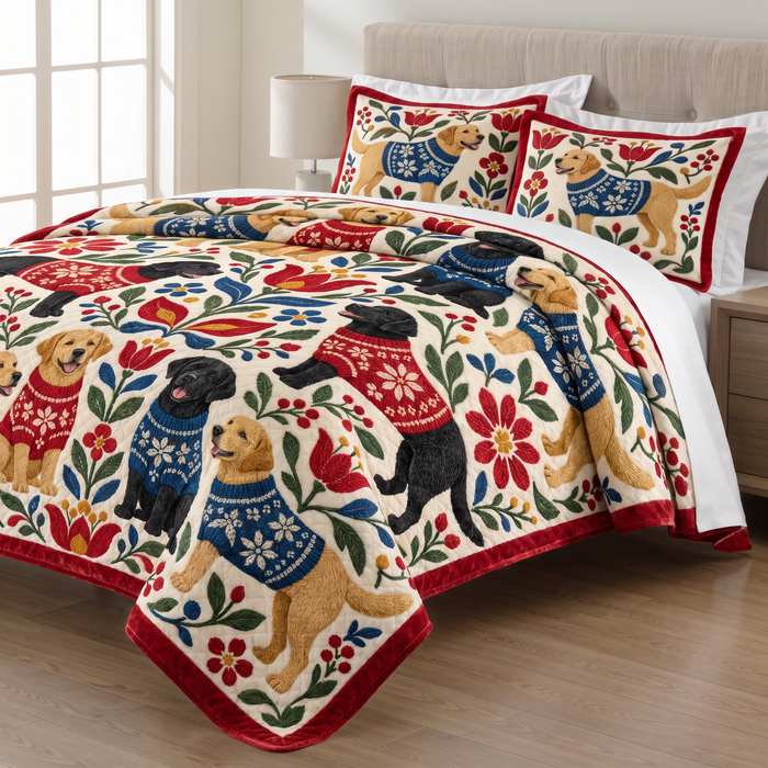 Folk Floral Sweater Labradors quilt set with two matching pillow shams on a made bed