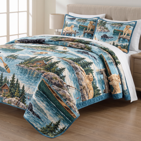 Lake House Labradors quilt set with two matching pillow shams on a made bed