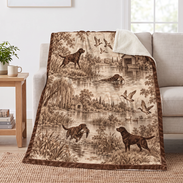 Chocolate Labrador Toile sherpa blanket draped over a sofa, corner folded back to show the cream sherpa reverse