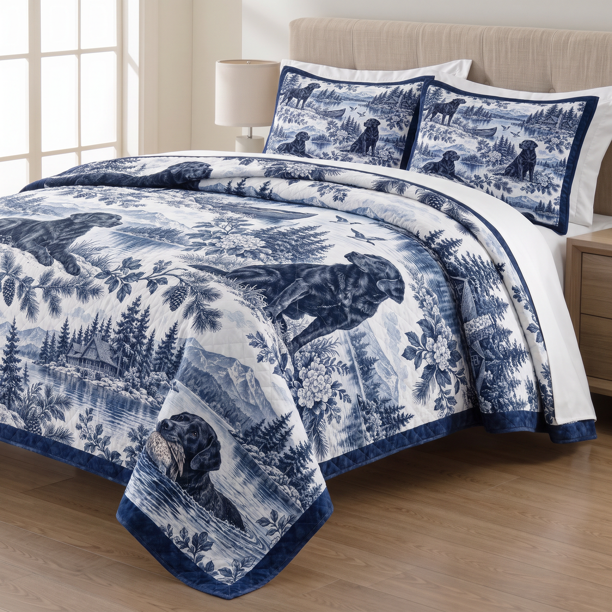 Black Labrador Navy Toile quilt set with two matching pillow shams on a made bed