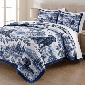 Black Labrador Navy Toile quilt set with two matching pillow shams on a made bed