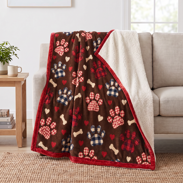Gingham Dog Paw Toss sherpa blanket draped over a sofa, corner folded back to show the cream sherpa reverse
