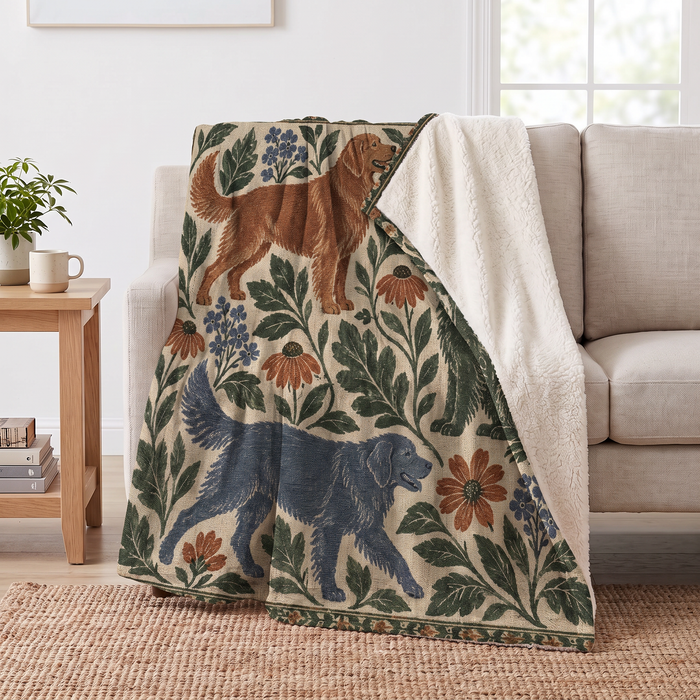 Botanical Golden Retriever sherpa blanket draped over a sofa, corner folded back to show the cream sherpa reverse
