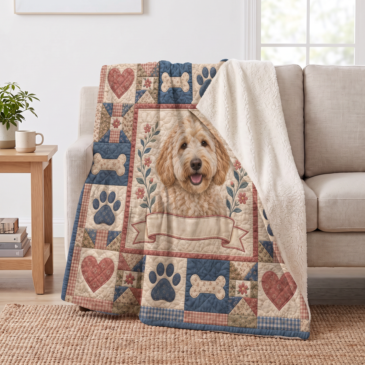Doodle Dog Portrait Patchwork sherpa blanket draped over a sofa, corner folded back to show the cream sherpa reverse
