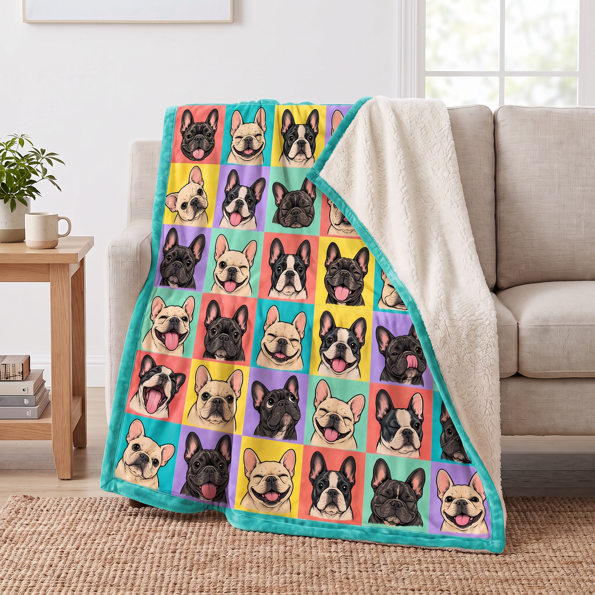 Pop Art French Bulldog Grid sherpa blanket draped over a sofa, corner folded back to show the cream sherpa reverse