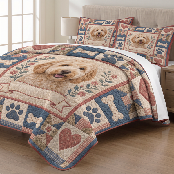 Doodle Dog Portrait Patchwork quilt set with two matching pillow shams on a made bed