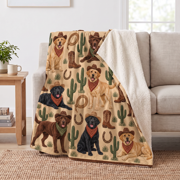 Western Cowboy Labradors sherpa blanket draped over a sofa, corner folded back to show the cream sherpa reverse