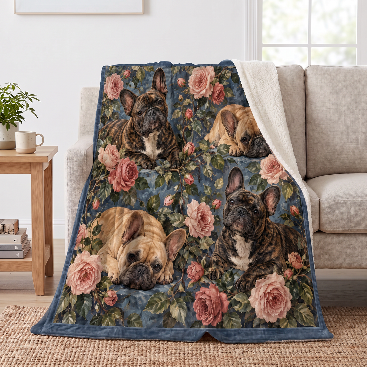 Garden Rose French Bulldogs sherpa blanket draped over a sofa, corner folded back to show the cream sherpa reverse