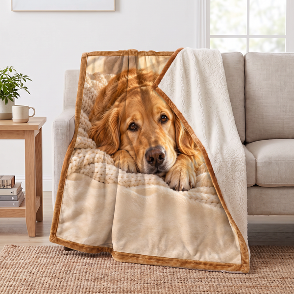 Cozy Golden Retriever Portrait sherpa blanket draped over a sofa, corner folded back to show the cream sherpa reverse