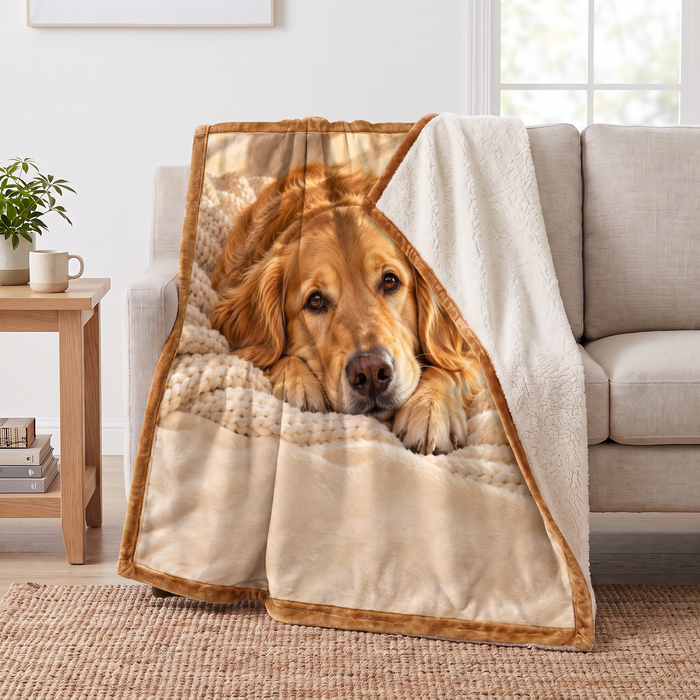 Cozy Golden Retriever Portrait sherpa blanket draped over a sofa, corner folded back to show the cream sherpa reverse