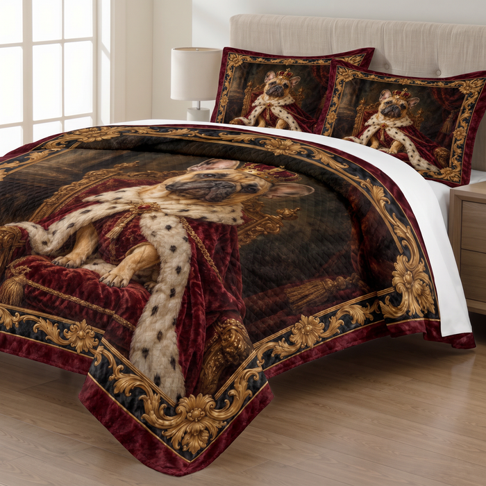 Royal French Bulldog Portrait quilt set with two matching pillow shams on a made bed