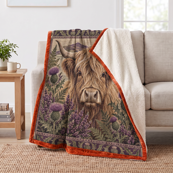 Thistle Highland Cow sherpa blanket draped over a sofa, corner folded back to show the cream sherpa reverse