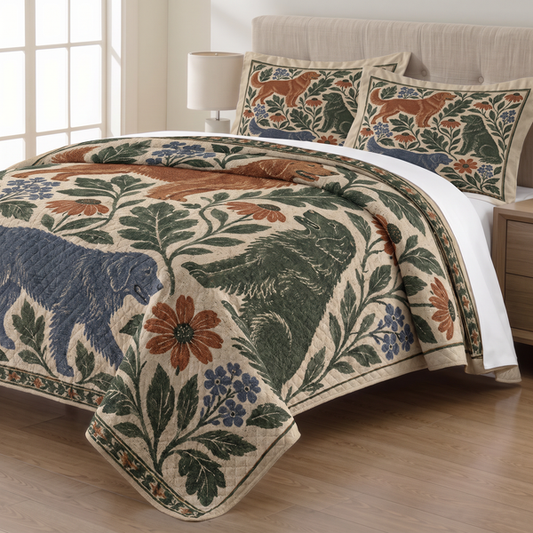 Botanical Golden Retriever quilt set with two matching pillow shams on a made bed