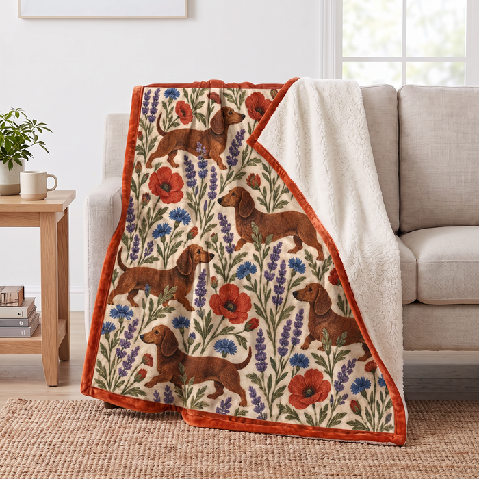 Wildflower Dachshund sherpa blanket draped over a sofa, corner folded back to show the cream sherpa reverse