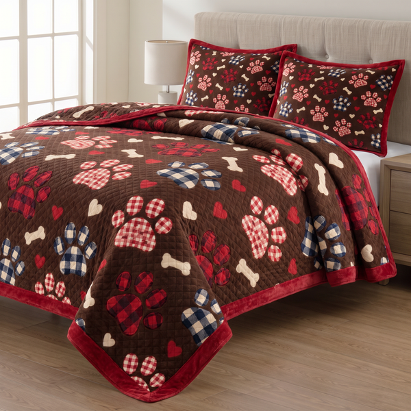 Gingham Dog Paw Toss quilt set with two matching pillow shams on a made bed