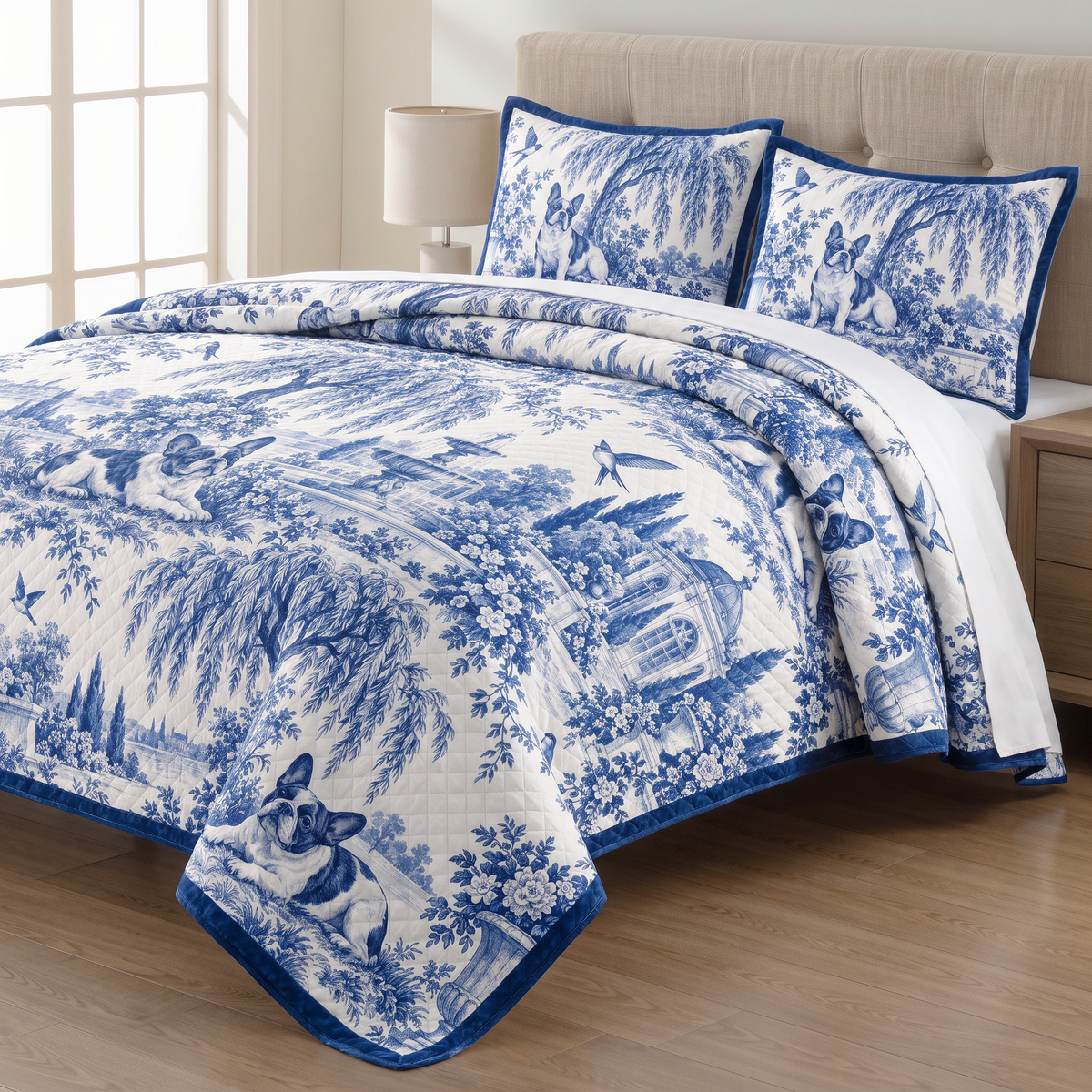 Blue Toile French Bulldog quilt set with two matching pillow shams on a made bed