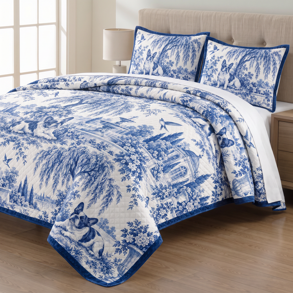 Blue Toile French Bulldog quilt set with two matching pillow shams on a made bed