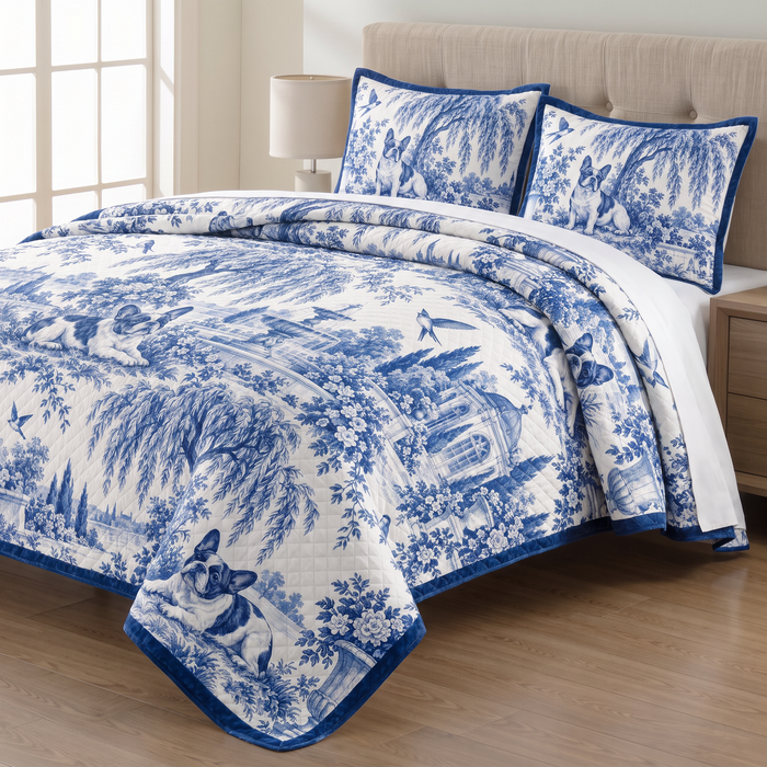 Blue Toile French Bulldog quilt set with two matching pillow shams on a made bed