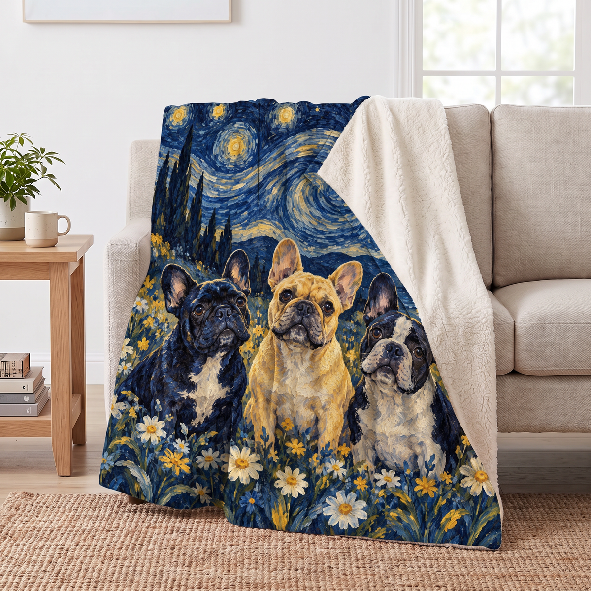 Starry Night French Bulldogs sherpa blanket draped over a sofa, corner folded back to show the cream sherpa reverse