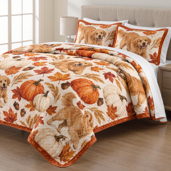 Golden Retriever Pumpkin Harvest quilt set with two matching pillow shams on a made bed