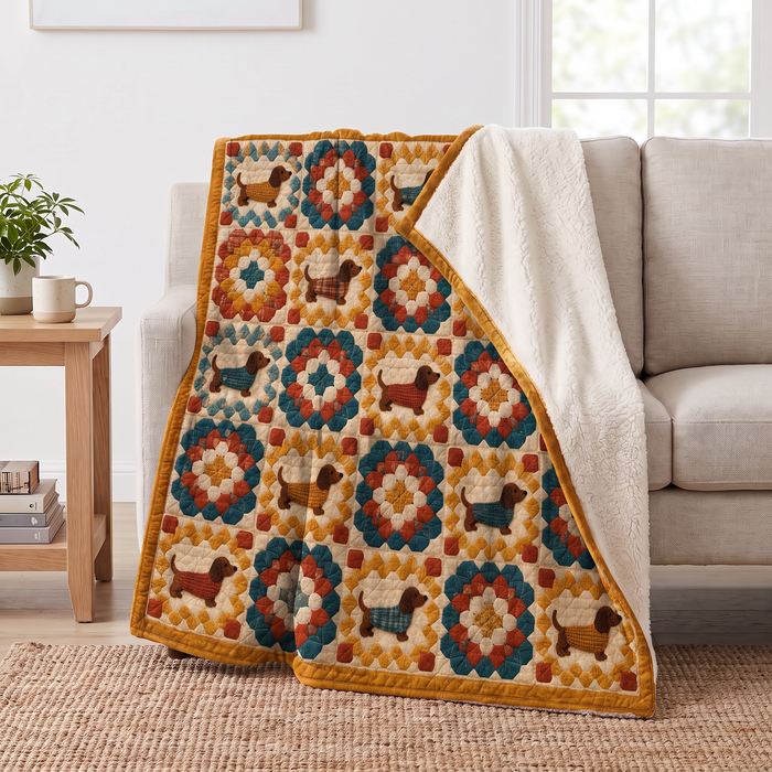Granny Square Dachshund sherpa blanket draped over a sofa, corner folded back to show the cream sherpa reverse