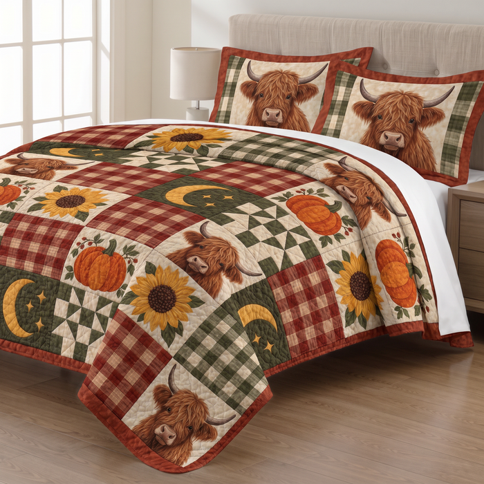 Autumn Plaid Highland Cow Patchwork quilt set with two matching pillow shams on a made bed