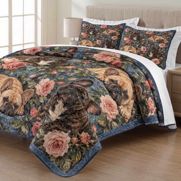 Garden Rose French Bulldogs quilt set with two matching pillow shams on a made bed