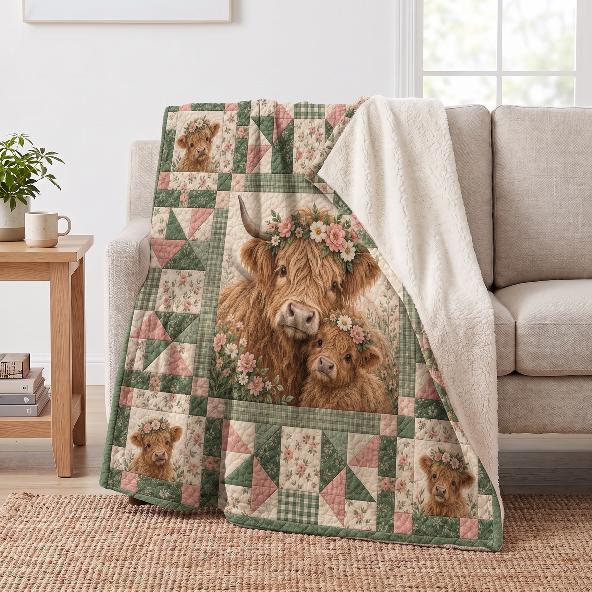 Floral Patchwork Highland Cow sherpa blanket draped over a sofa, corner folded back to show the cream sherpa reverse