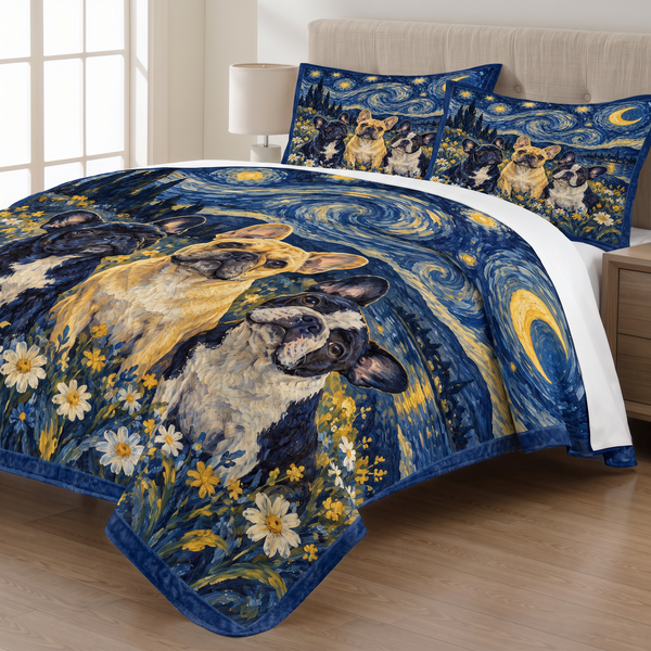 Starry Night French Bulldogs quilt set with two matching pillow shams on a made bed