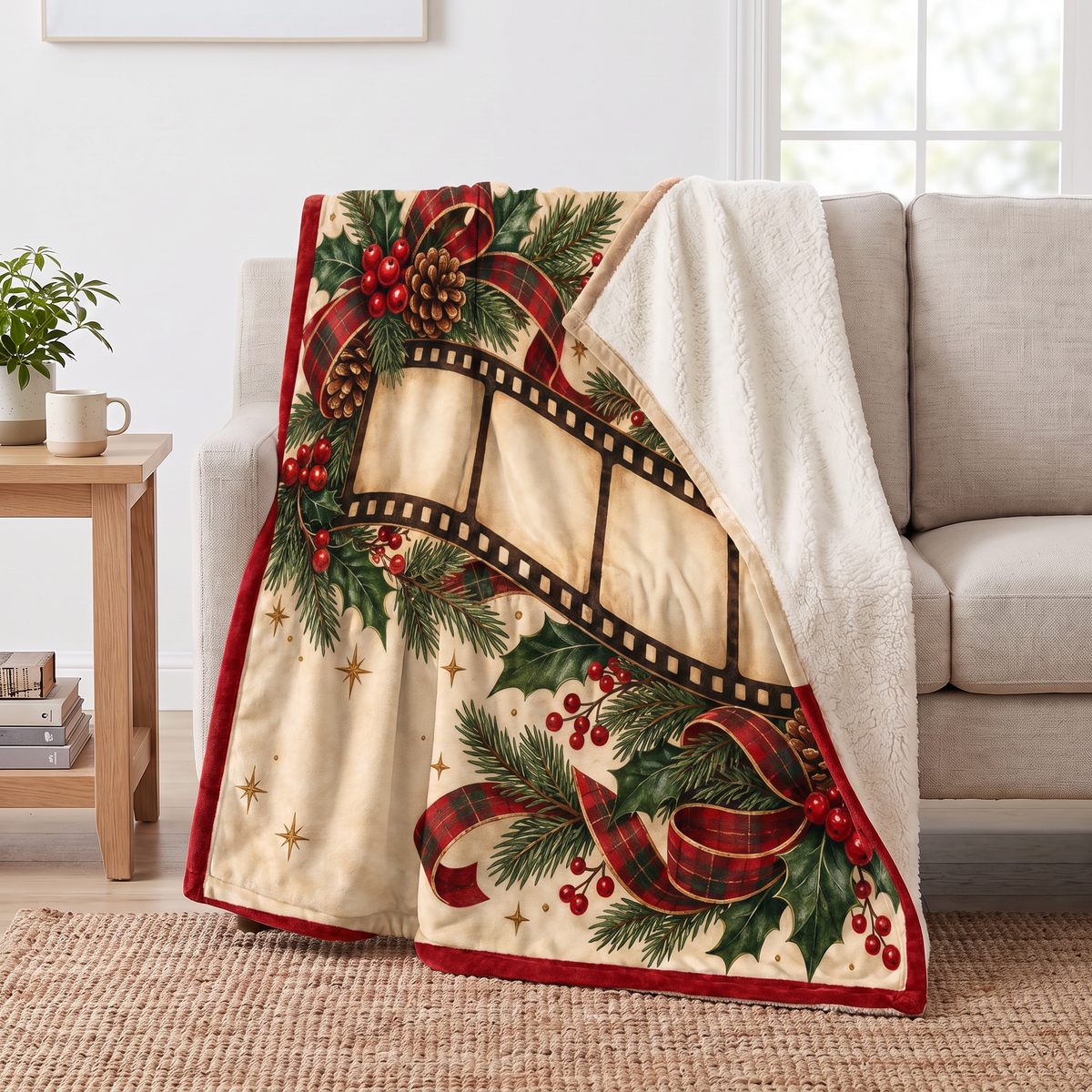 Christmas Film Strip Dogs sherpa blanket draped over a sofa, corner folded back to show the cream sherpa reverse