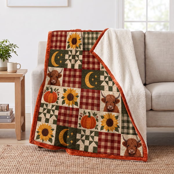 Autumn Plaid Highland Cow Patchwork sherpa blanket draped over a sofa, corner folded back to show the cream sherpa reverse