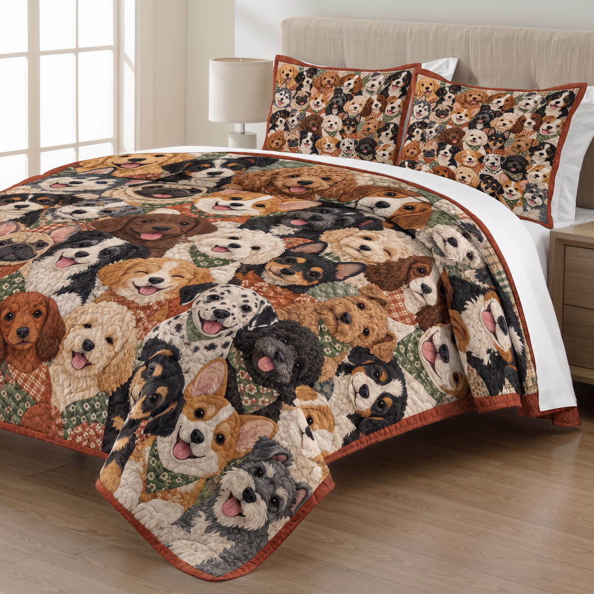 Puppy Crowd Patchwork quilt set with two matching pillow shams on a made bed