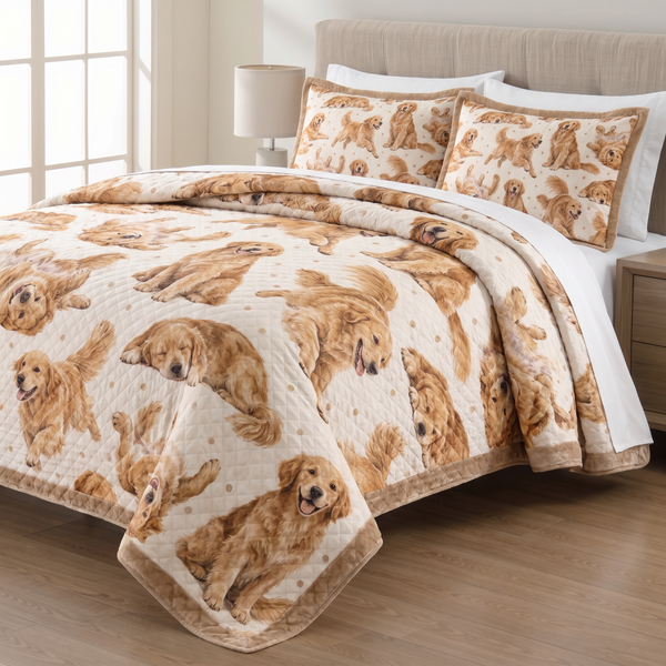 Playful Golden Retriever quilt set with two matching pillow shams on a made bed