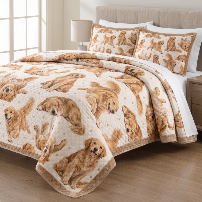 Playful Golden Retriever quilt set with two matching pillow shams on a made bed